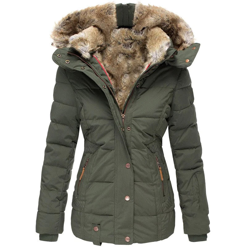 Green winter jacket with fur-lined hood on a white background