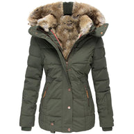 Green winter jacket with fur-lined hood on a white background
