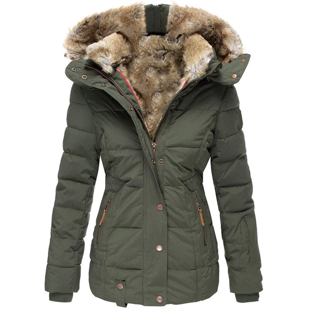 Green winter jacket with fur-lined hood on a white background
