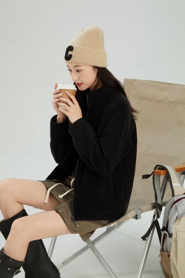 Lambswool Stand Collar Short Cardigan Coat For Women