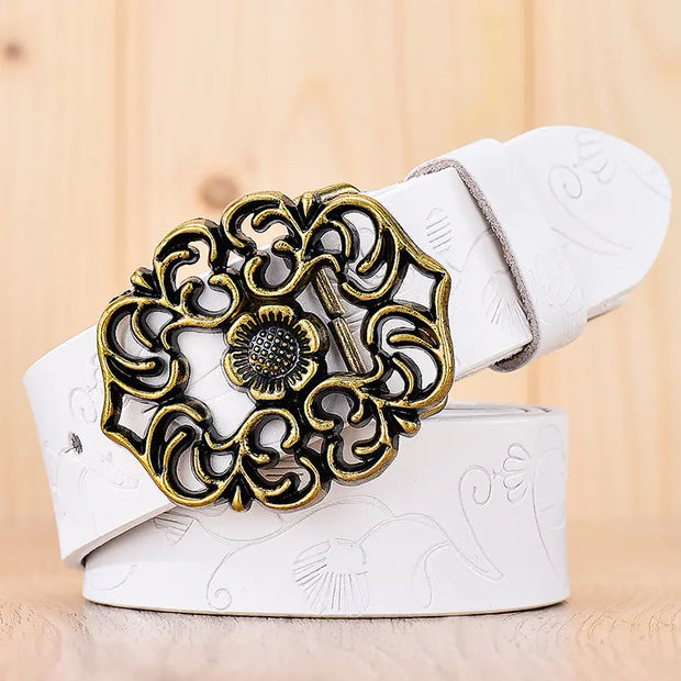 Elegant Wide Carved Flower Hollow Buckle Leather Belt For Women