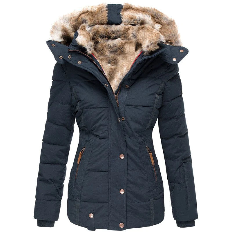 Black winter jacket with fur-lined hood on a white background