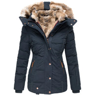 Black winter jacket with fur-lined hood on a white background
