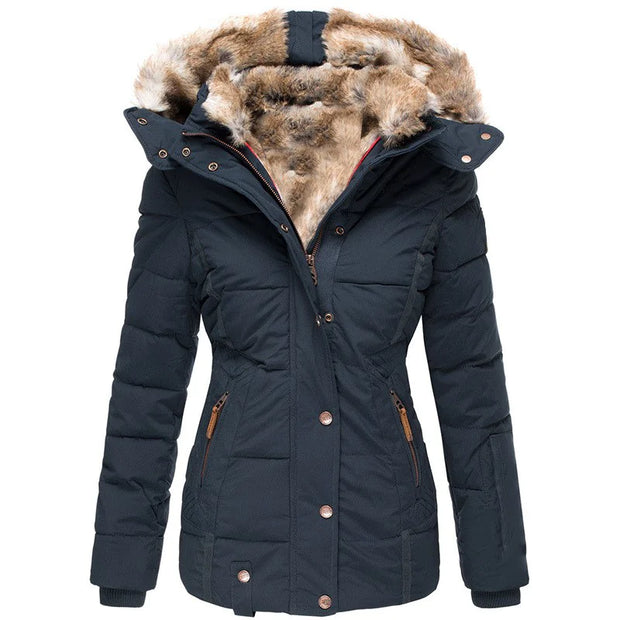 Black winter jacket with fur-lined hood on a white background