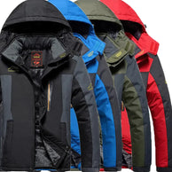 Four winter jackets in black, blue, green, and red on a white background