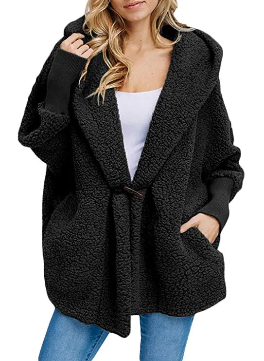 Women's Plush Hooded Jacket with Pockets