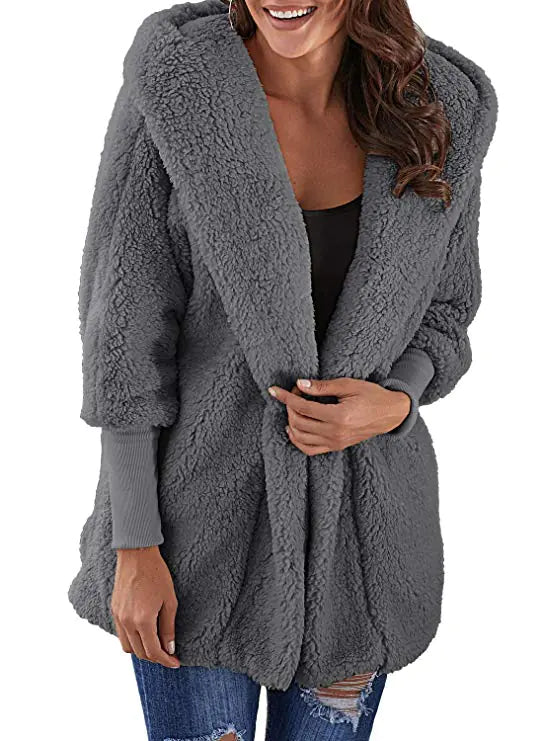 Women's Plush Hooded Jacket with Pockets