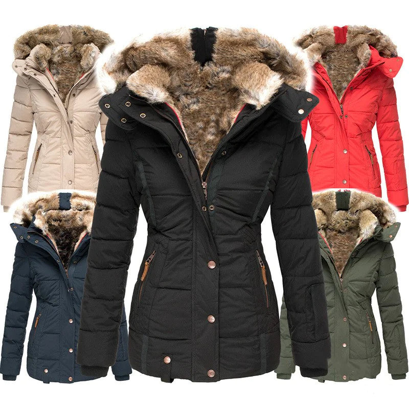 Collection of winter jackets with fur hoods in various colors on a white background