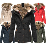 Collection of winter jackets with fur hoods in various colors on a white background
