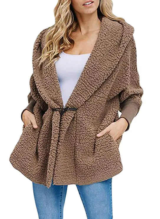 Women's Plush Hooded Jacket with Pockets