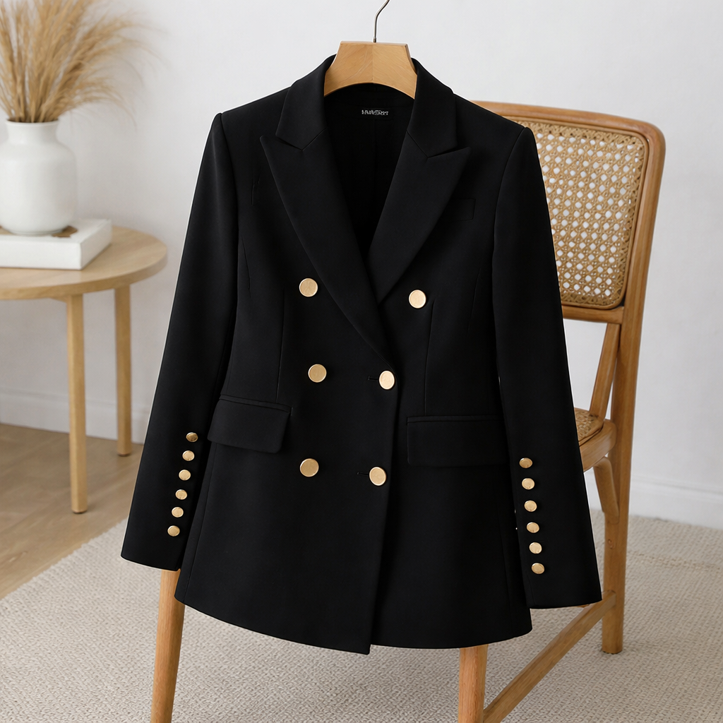 Black coat with gold buttons on a wooden chair in a room setting