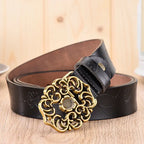Elegant Wide Carved Flower Hollow Buckle Leather Belt