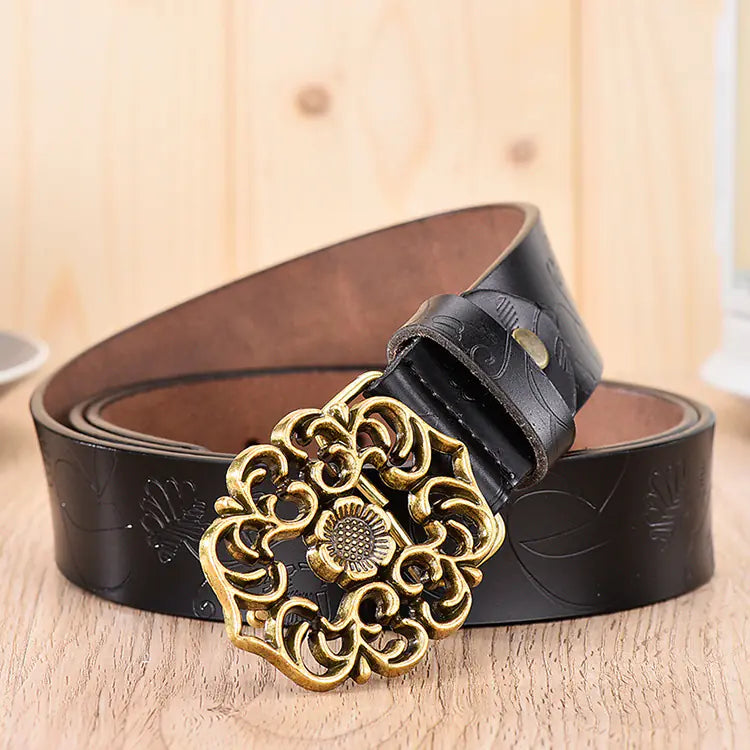 Elegant Wide Carved Flower Hollow Buckle Leather Belt