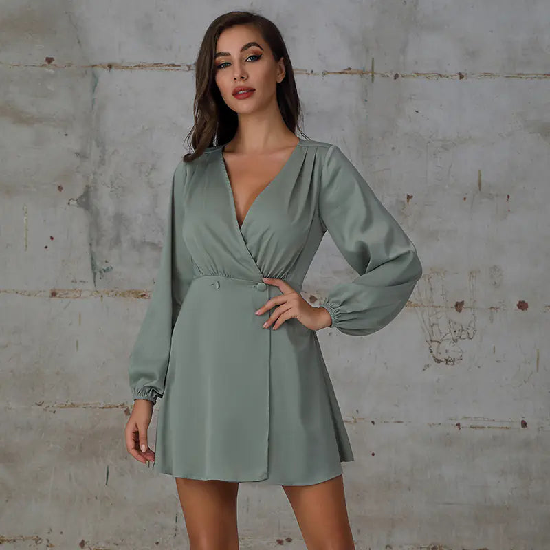 Multicolor V-Neck Long Sleeve Dress For Women