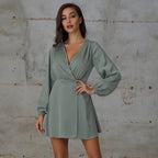 Multicolor V-Neck Long Sleeve Dress For Women