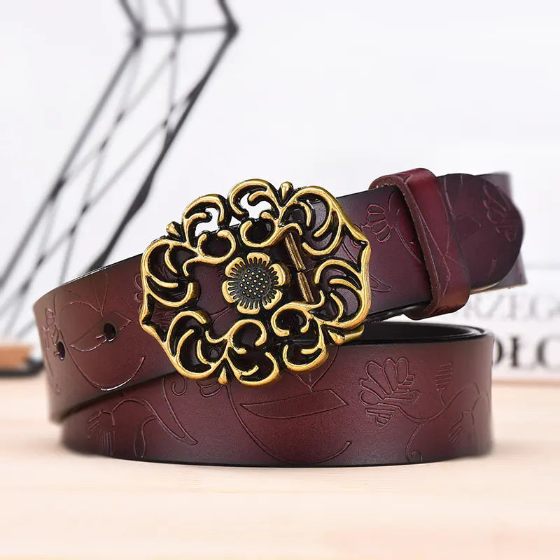 Elegant Wide Carved Flower Hollow Buckle Leather Belt