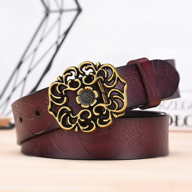 Elegant Wide Carved Flower Hollow Buckle Leather Belt For Women
