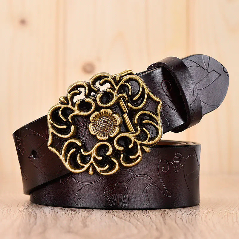 Elegant Wide Carved Flower Hollow Buckle Leather Belt For Women