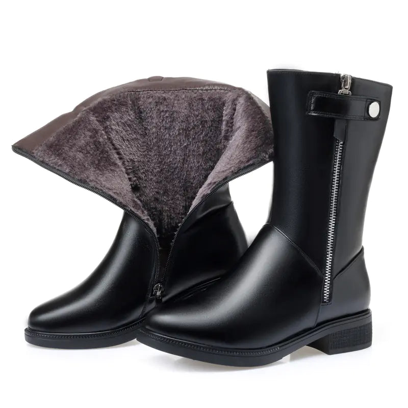 Genuine Leather Women’s Mid-Calf Boots with Wool Lining