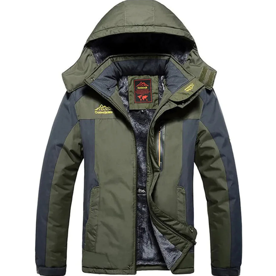 Green and gray jacket with a brand logo on a white background