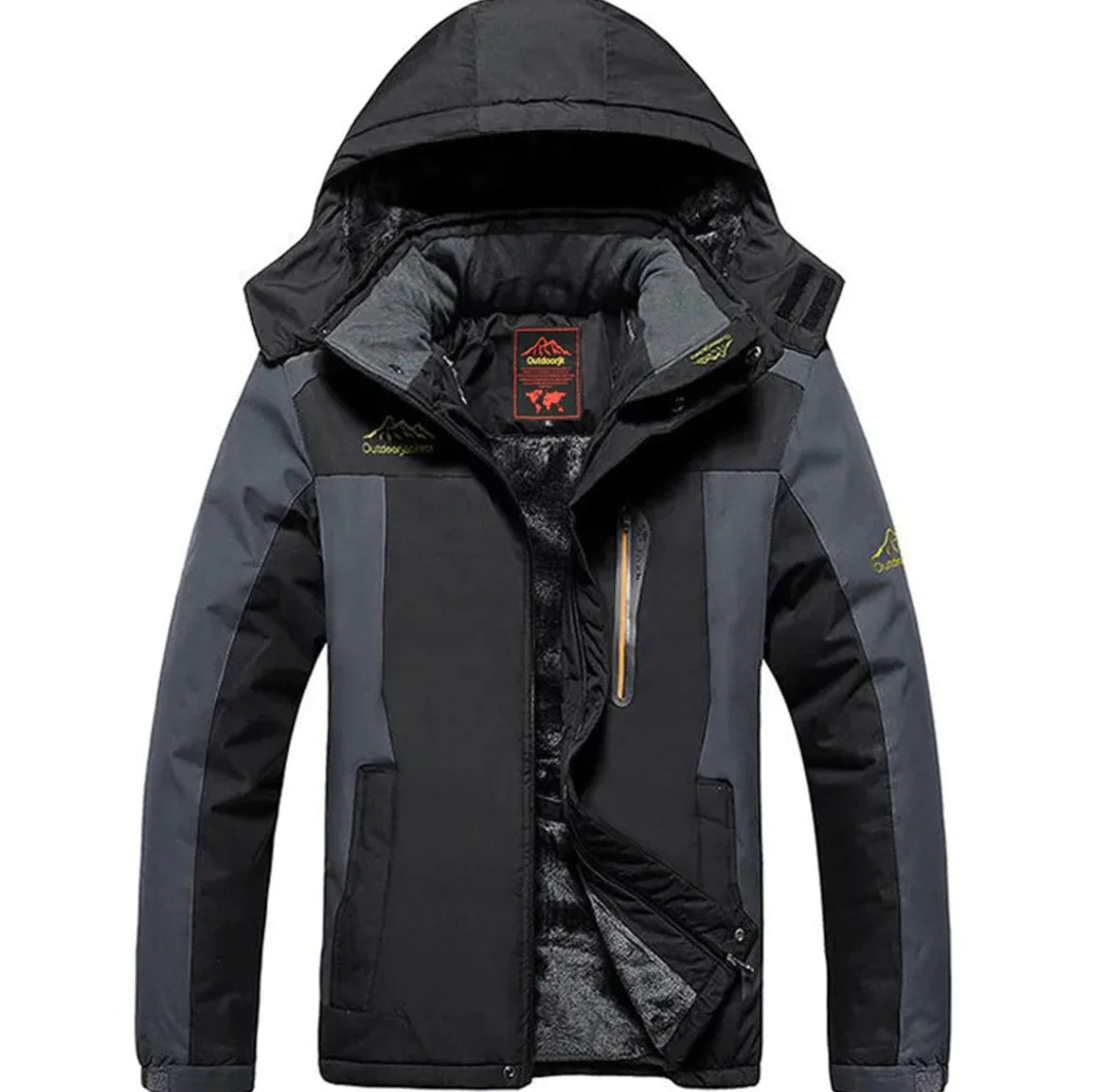 Black and gray jacket with a brand logo on a white background