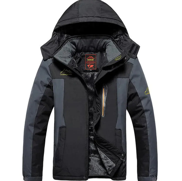 Black and gray jacket with a brand logo on a white background