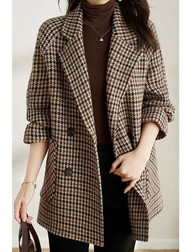 Retro Ladies Wool Plaid Blazer