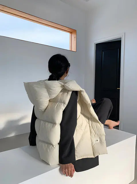 Women's White Duck Down Hooded Winter Vest