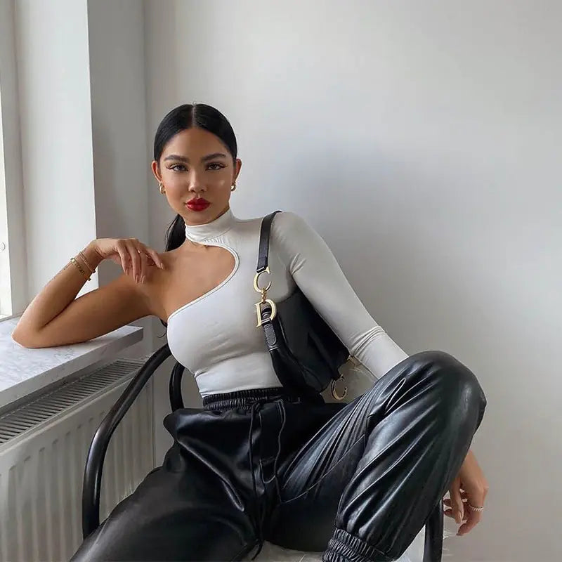 Winter Women's High Neck One Shoulder Cut-out Bodysuit