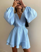 Multicolor V-Neck Long Sleeve Dress For Women