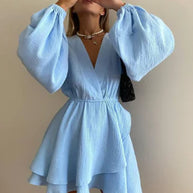 Multicolor V-Neck Long Sleeve Dress For Women