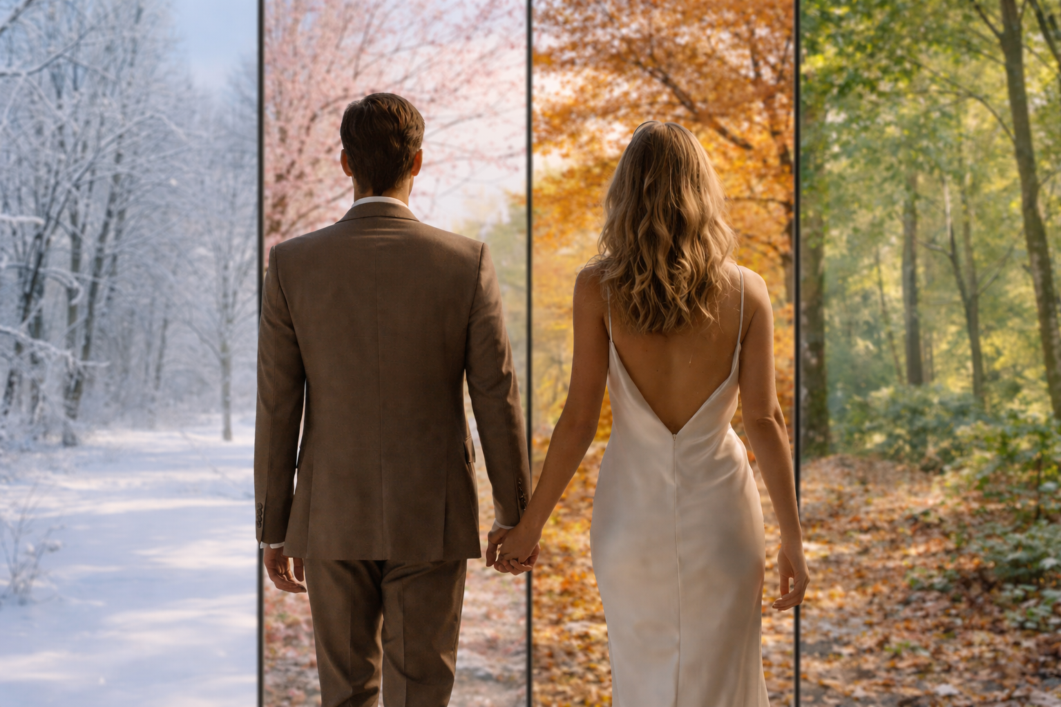Collage of a couple holding hands in different seasons: winter, spring, summer, and fall.