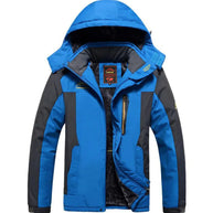 Blue and gray jacket with a hood on a white background