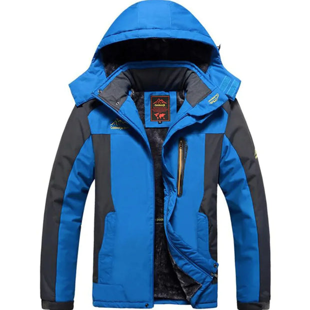 Blue and gray jacket with a hood on a white background
