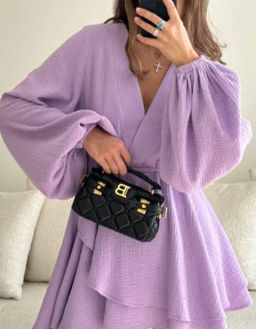 Multicolor V-Neck Long Sleeve Dress For Women