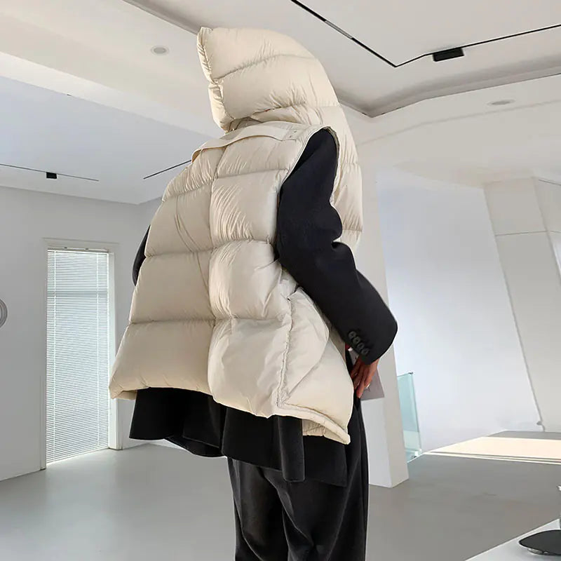 Women's White Duck Down Hooded Winter Vest