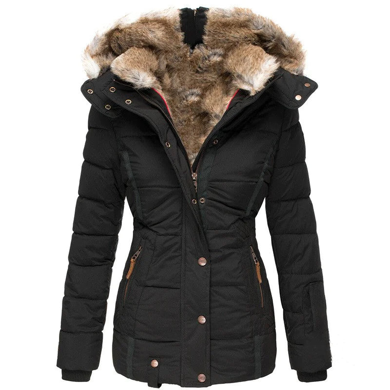 Black winter coat with fur-lined hood on a white background