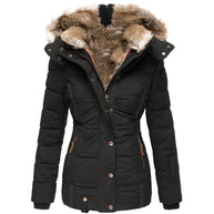 Black winter coat with fur-lined hood on a white background