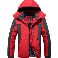 Red and black winter jacket with a brand logo on a white background