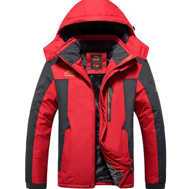 Red and black winter jacket with a brand logo on a white background
