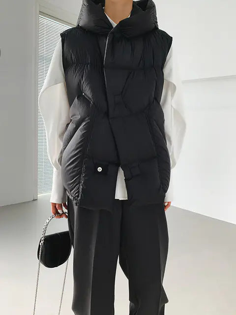 Women's White Duck Down Hooded Winter Vest