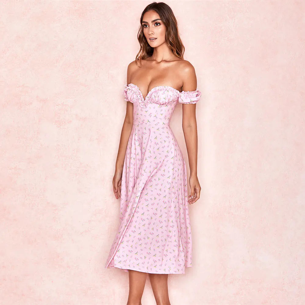 Women's Floral V-Neck Ruffle Hem High Waist Dress