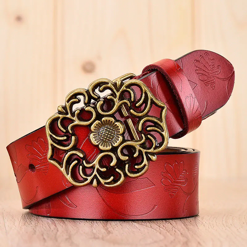 Elegant Wide Carved Flower Hollow Buckle Leather Belt For Women