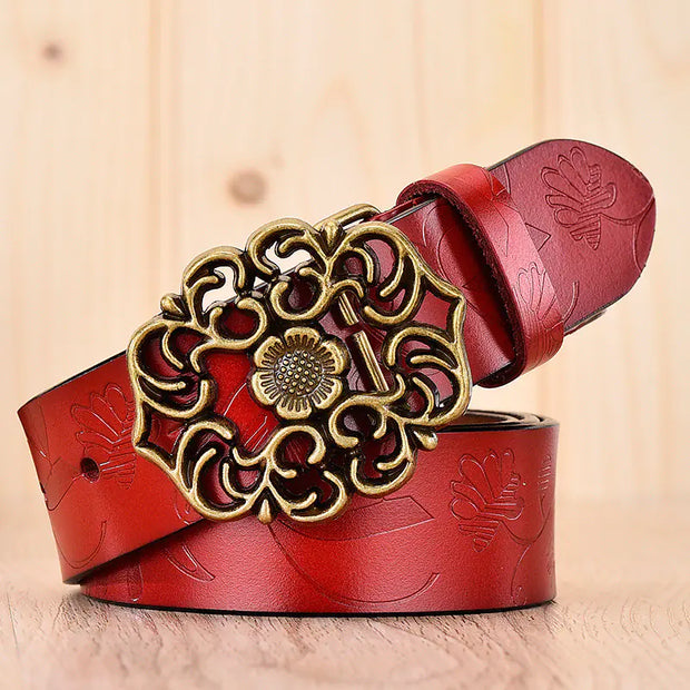 Elegant Wide Carved Flower Hollow Buckle Leather Belt For Women