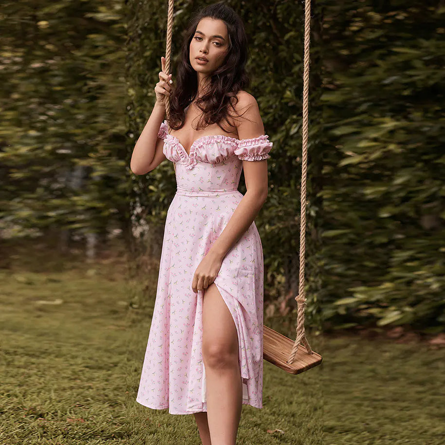Women's Floral V-Neck Ruffle Hem High Waist Dress