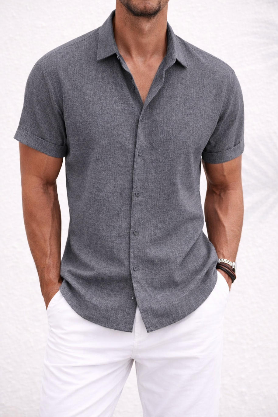 Men's Short-Sleeve Cotton Linen Shirt