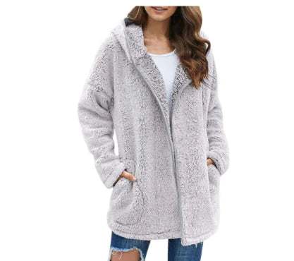 Women's Plush Hooded Jacket with Pockets