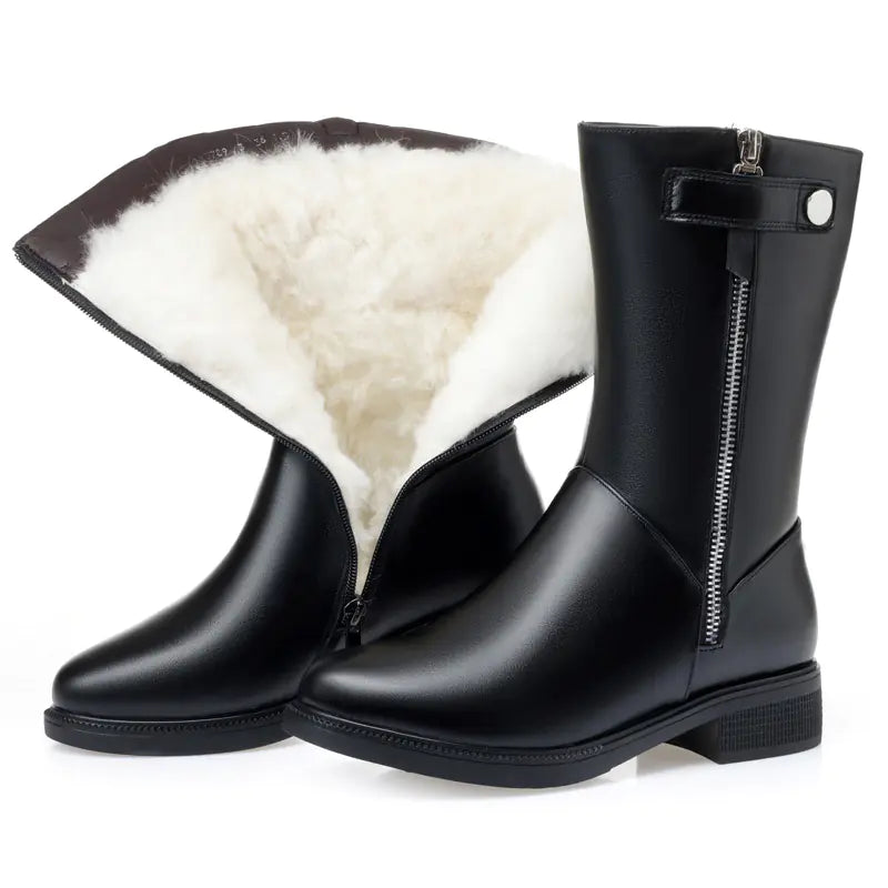 Genuine Leather Women’s Mid-Calf Boots with Wool Lining