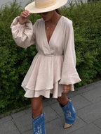 Multicolor V-Neck Long Sleeve Dress For Women