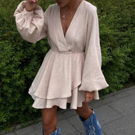 Multicolor V-Neck Long Sleeve Dress For Women